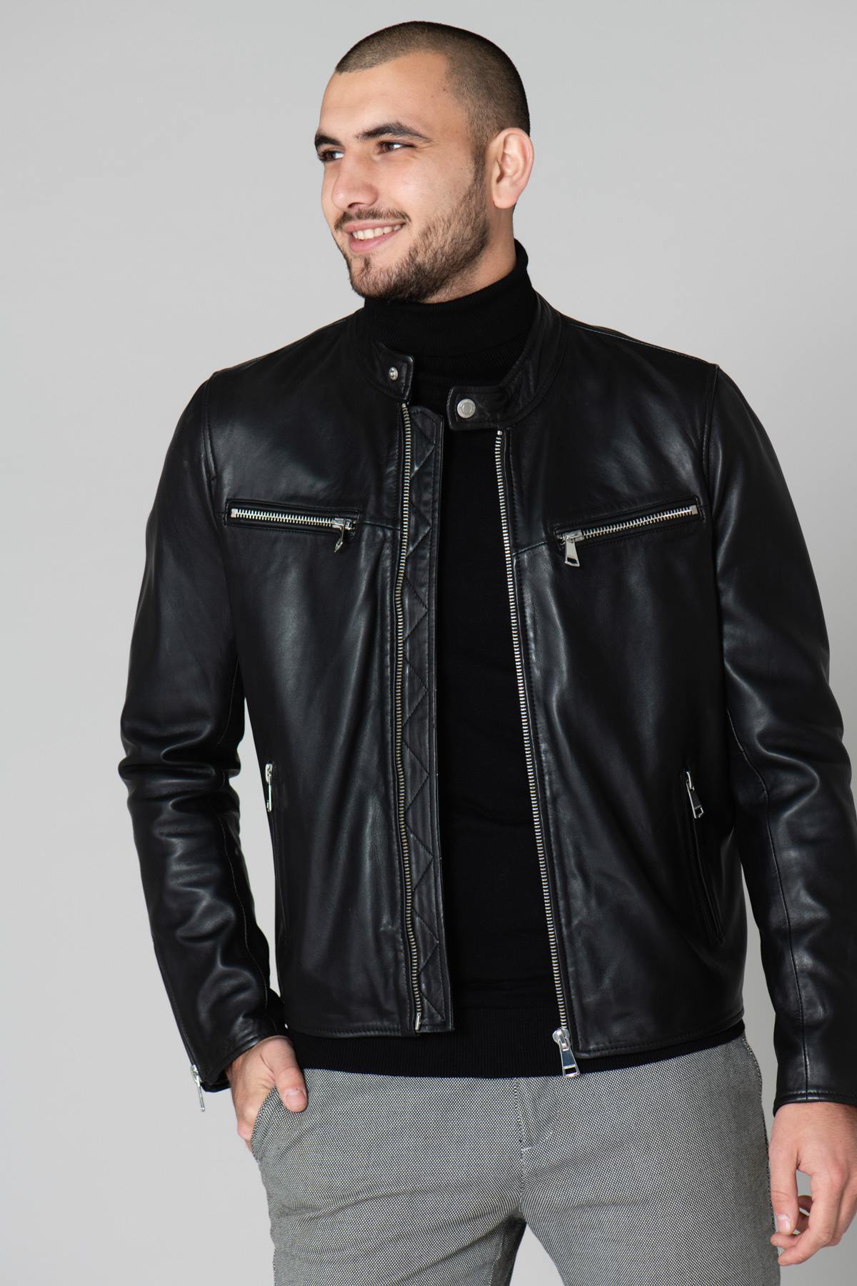 Black leather biker-style jacket - Image n°3