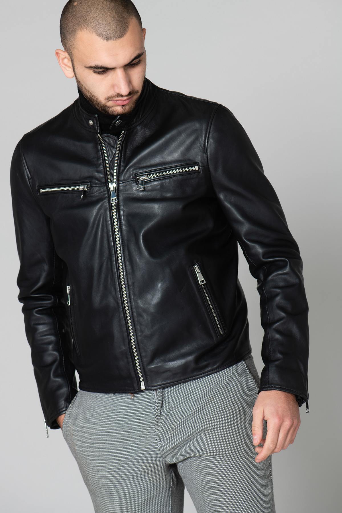 Black leather biker-style jacket - Image n°7