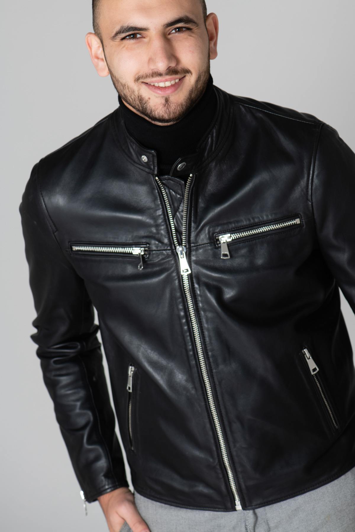 Black leather biker-style jacket - Image n°1