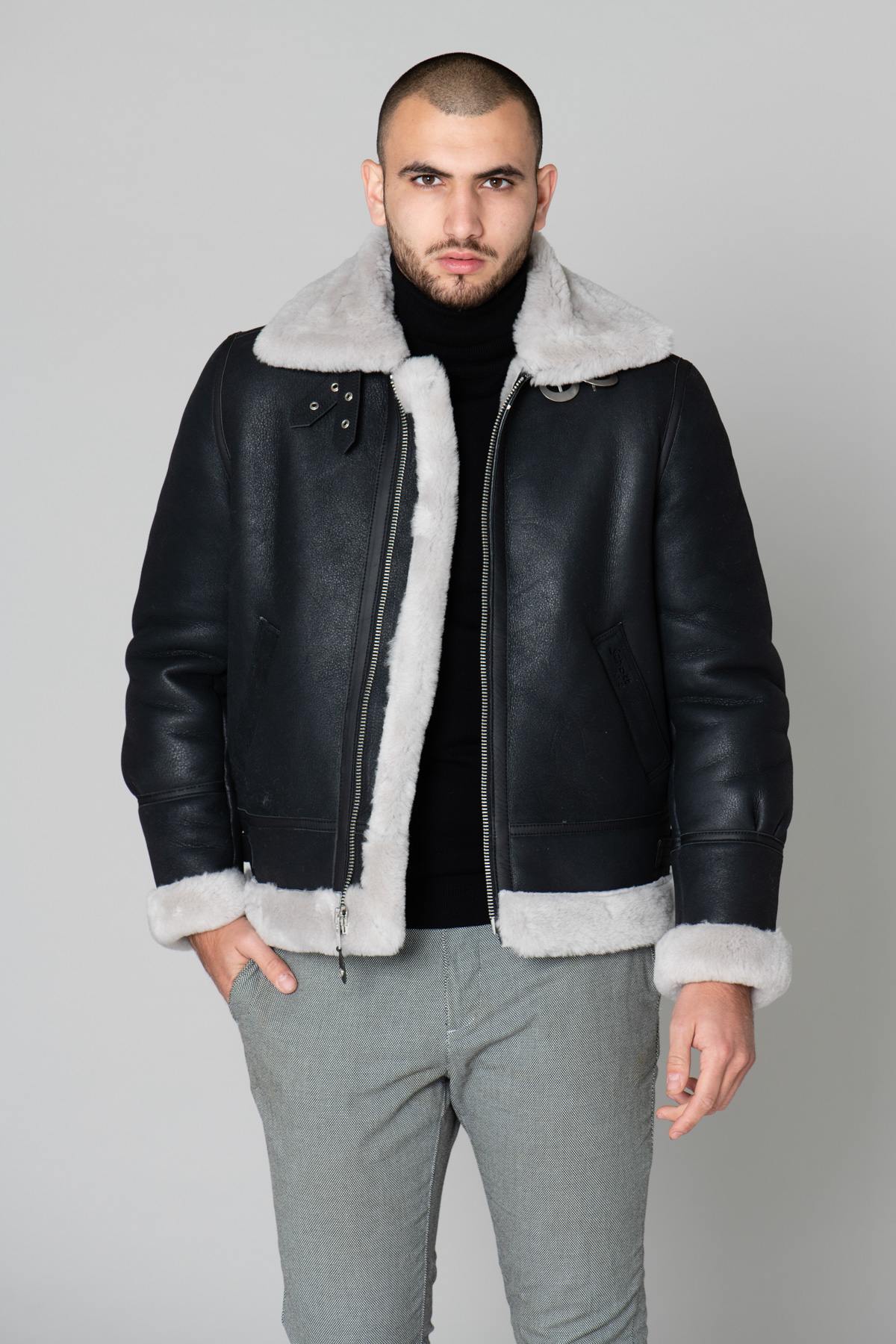 Men's black bomber jacket and white fur - Image n°4