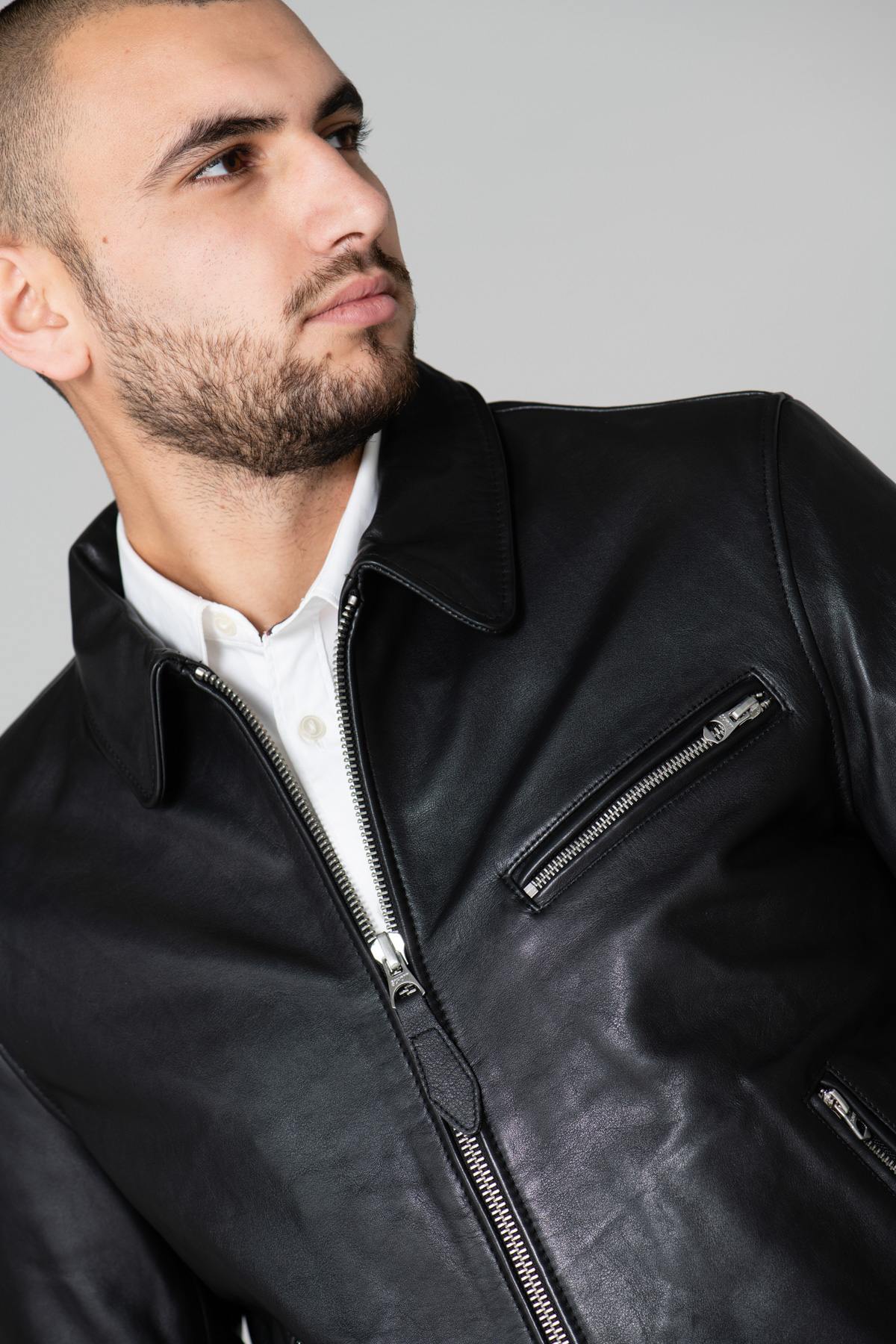 Black leather shirt collar jacket - Image n°4