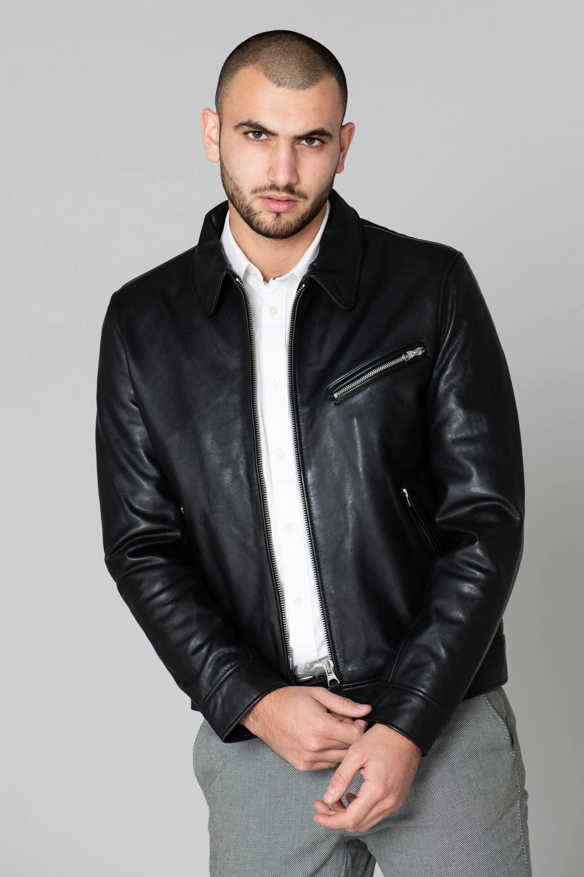 Black leather shirt collar jacket - Image n°2