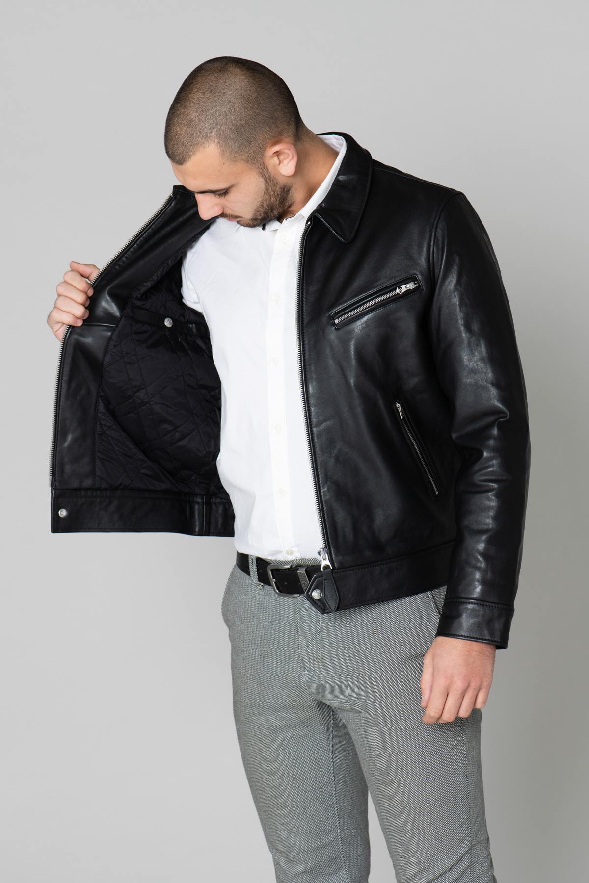 Black leather shirt collar jacket - Image n°5