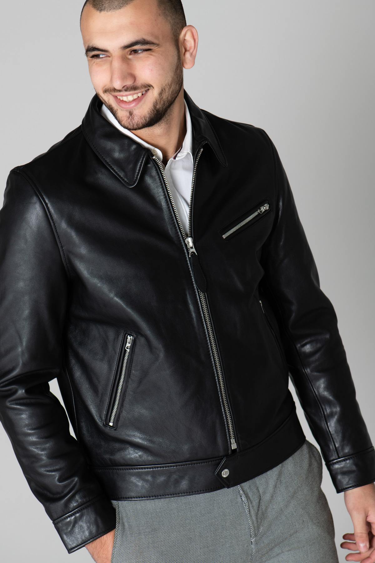 Black leather shirt collar jacket - Image n°1