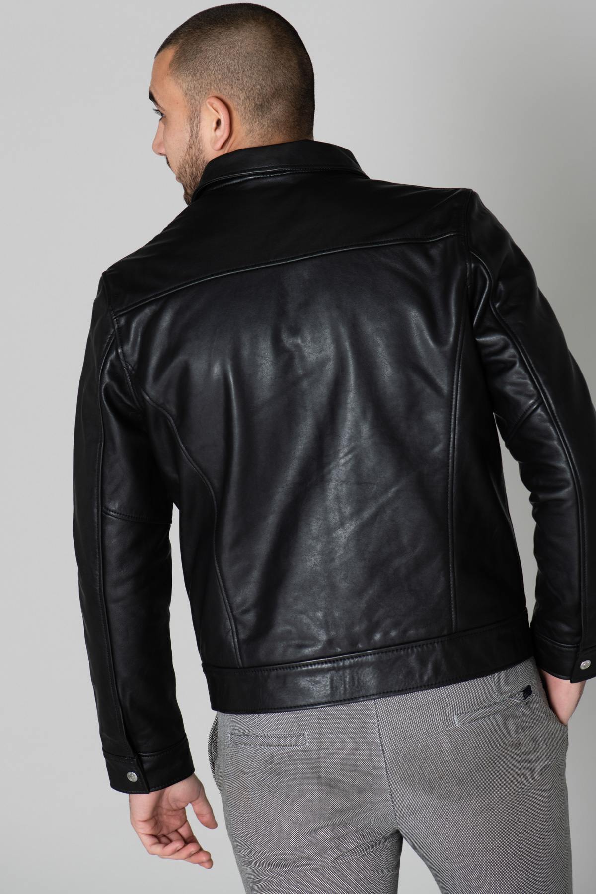 Black leather shirt collar jacket - Image n°3