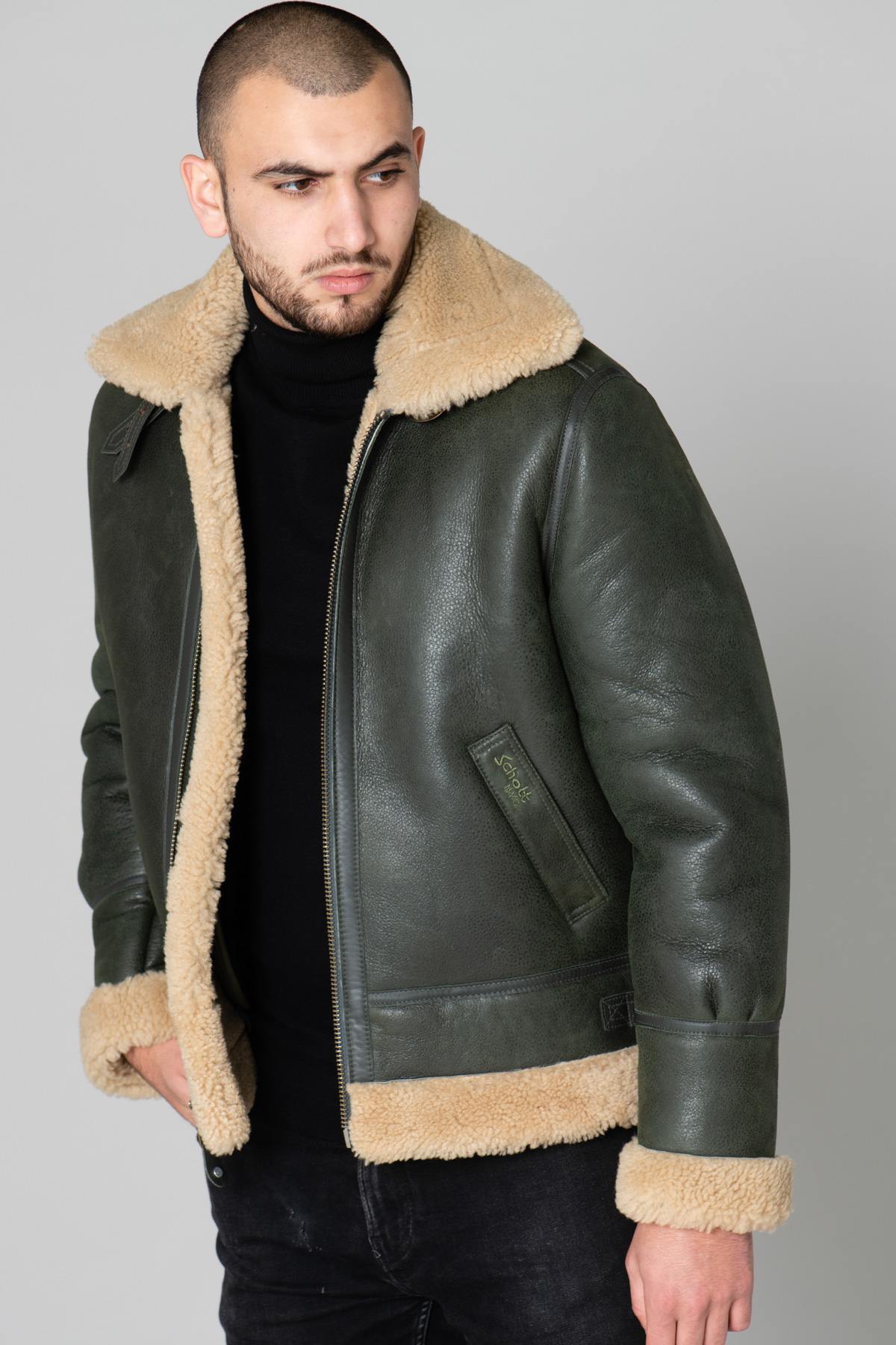 Khaki and beige shearling bomber jacket - Image n°3