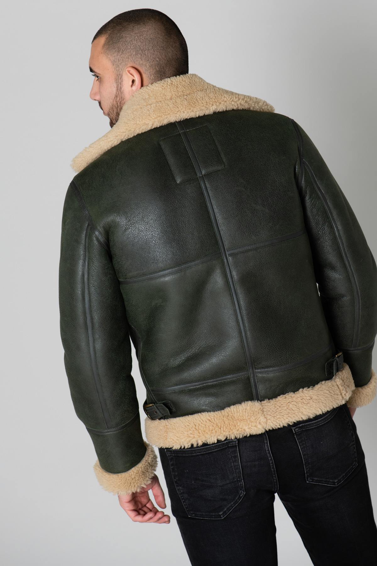 Khaki and beige shearling bomber jacket - Image n°6