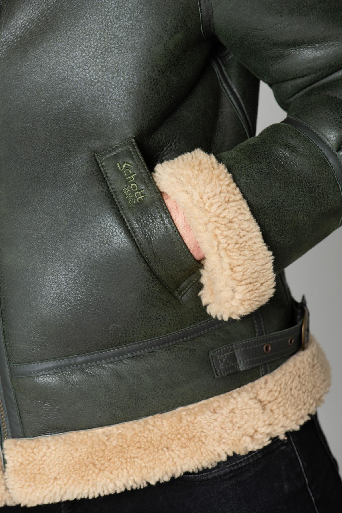 Khaki and beige shearling bomber jacket - Image n°8