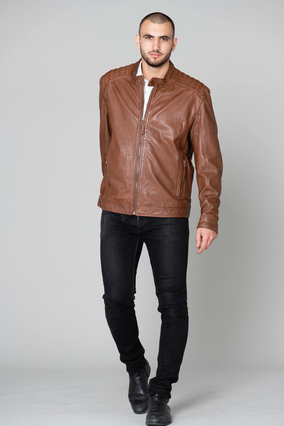 Cognac leather jacket large sizes - Image n°2