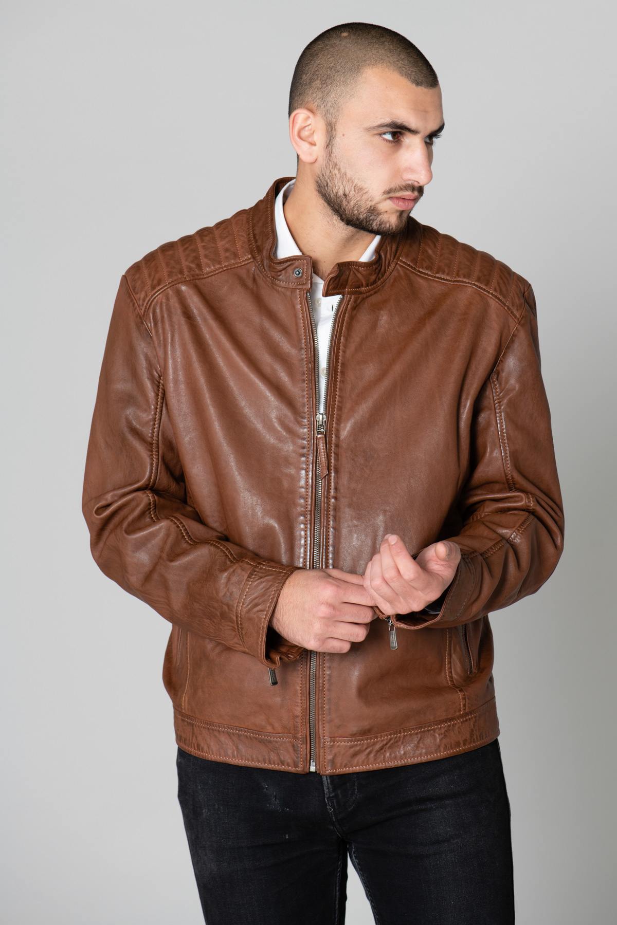 Cognac leather jacket large sizes - Image n°1