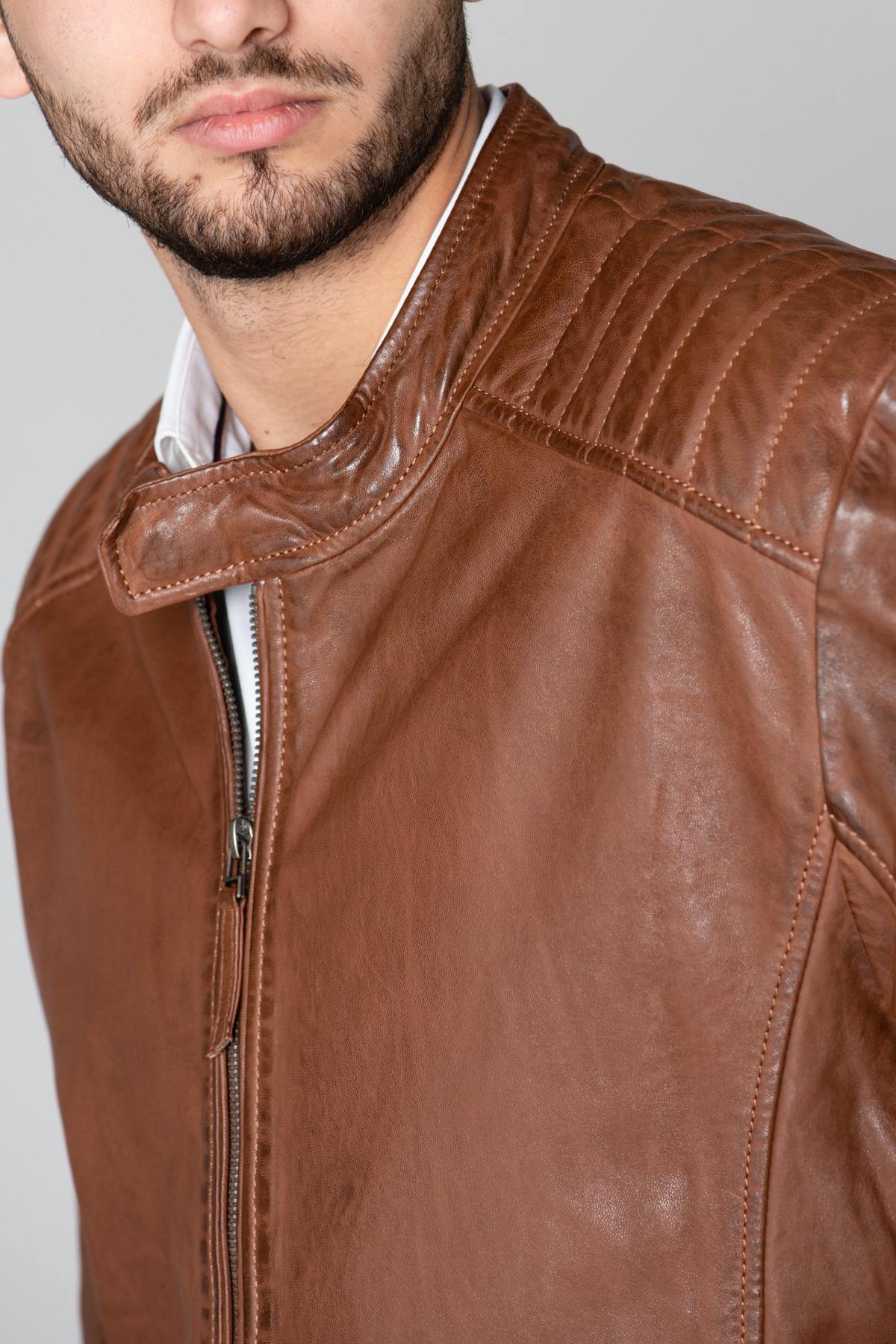 Cognac leather jacket large sizes - Image n°5