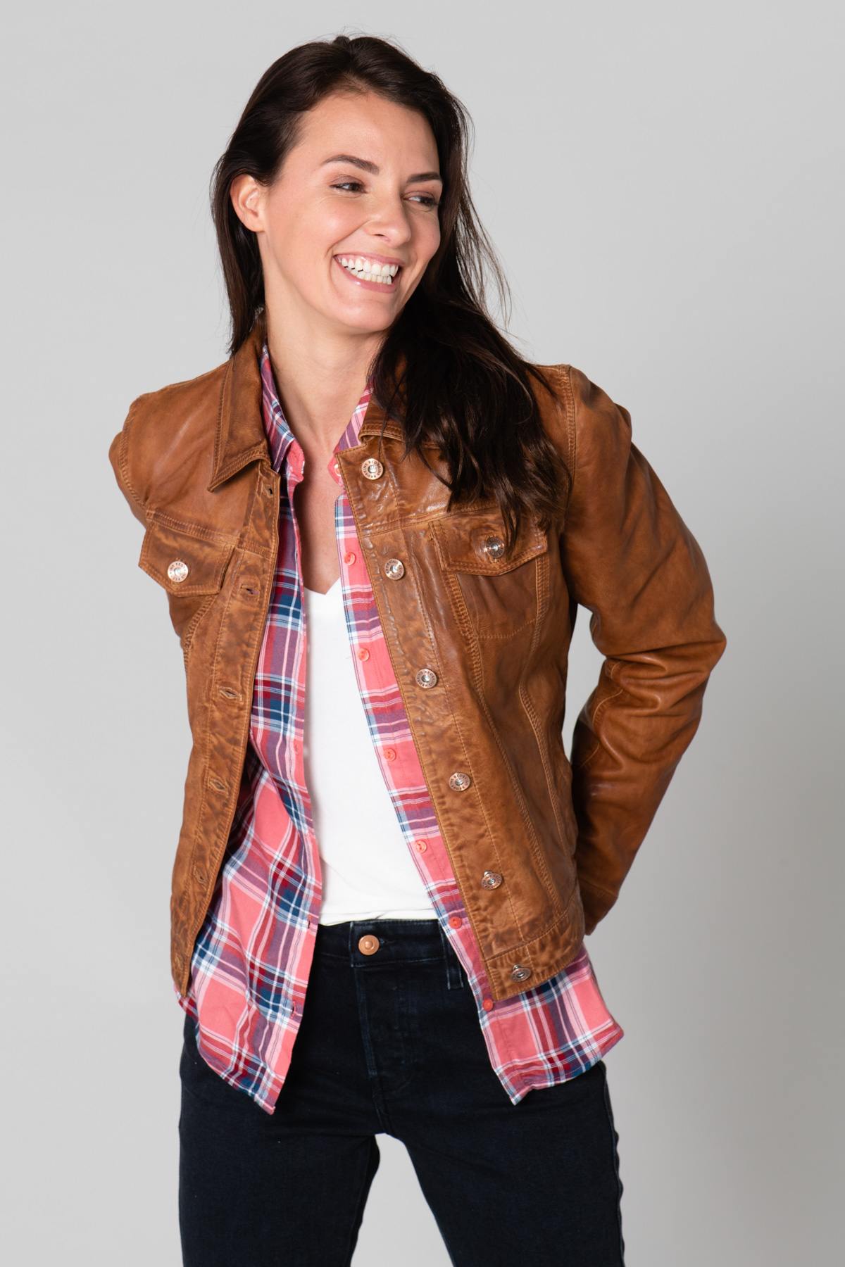 Cognac leather jacket with shirt collar - Image n°1