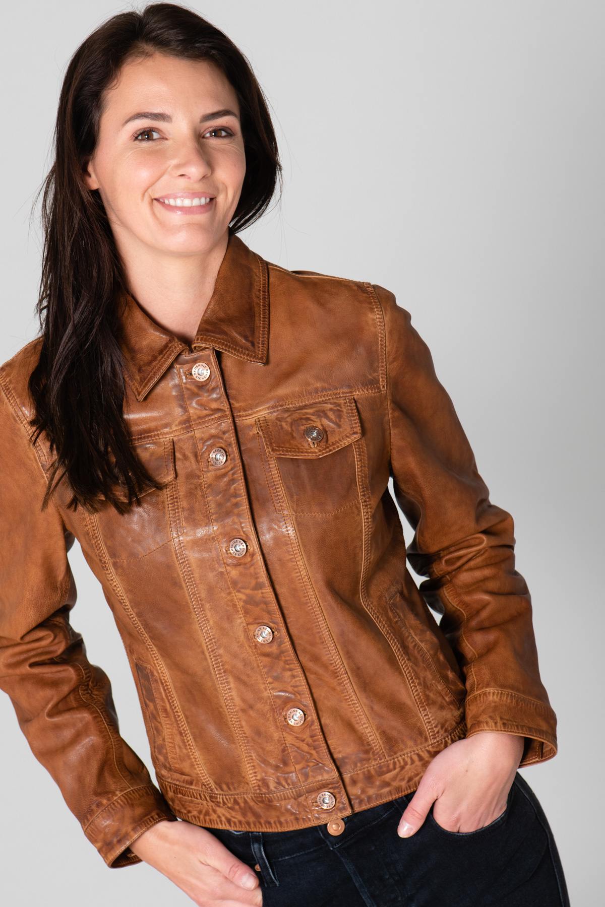 Cognac leather jacket with shirt collar - Image n°3