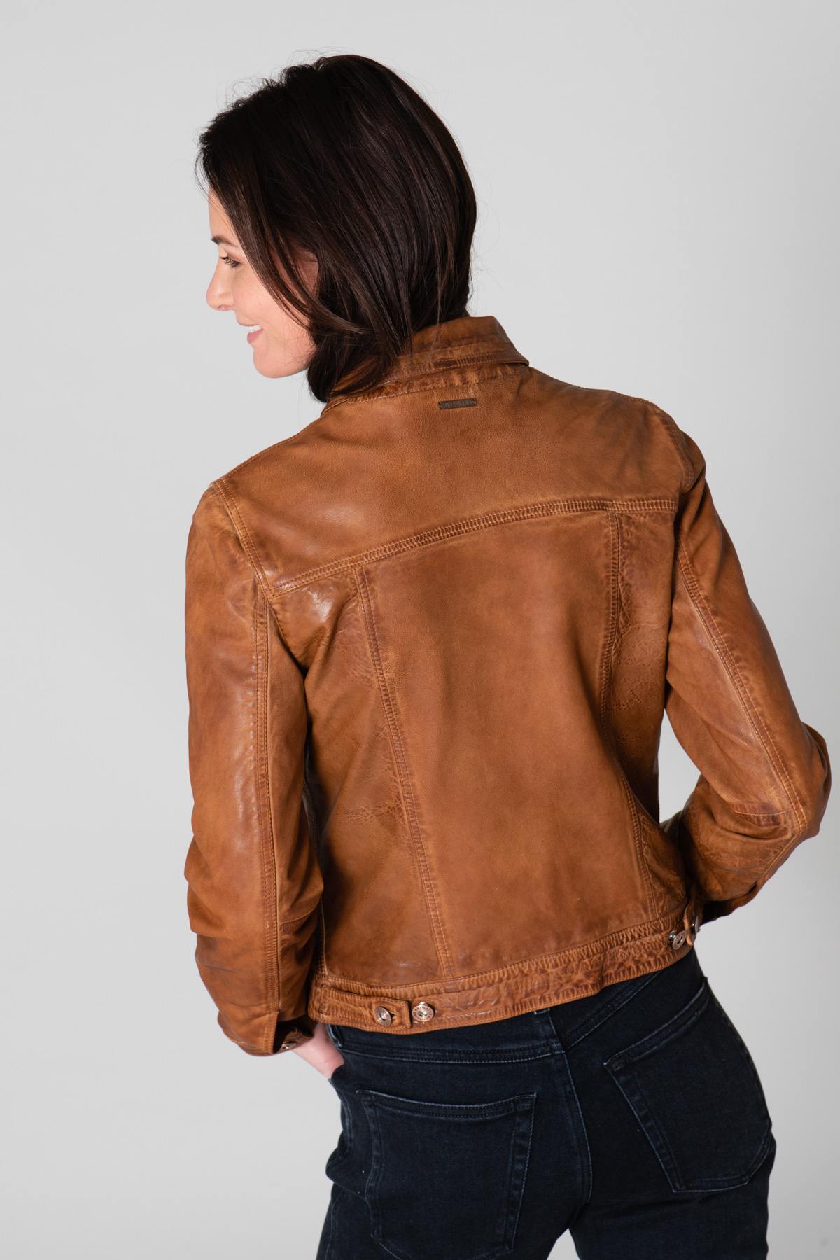 Cognac leather jacket with shirt collar - Image n°6