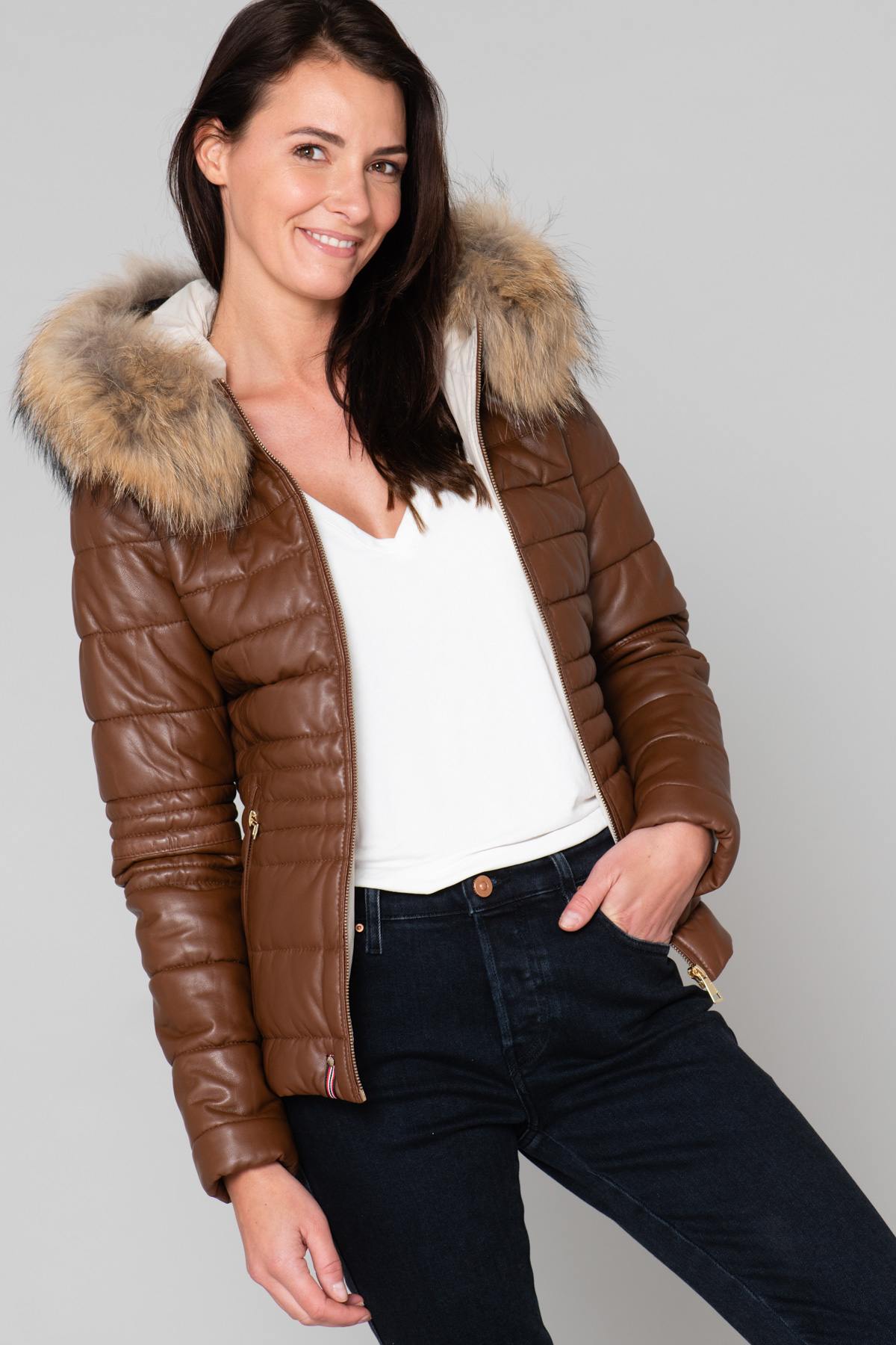 Genuine leather and fur down jacket - Image n°1