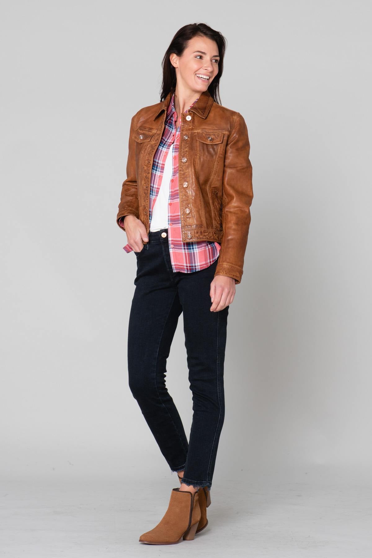 Cognac leather jacket with shirt collar - Image n°2