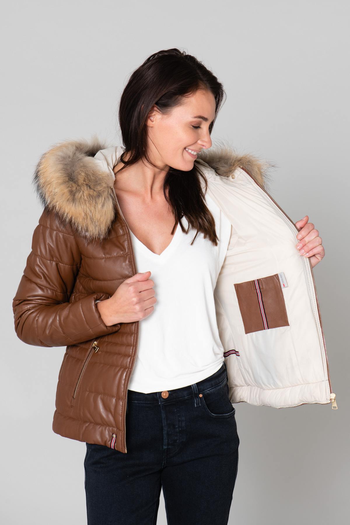 Genuine leather and fur down jacket - Image n°4