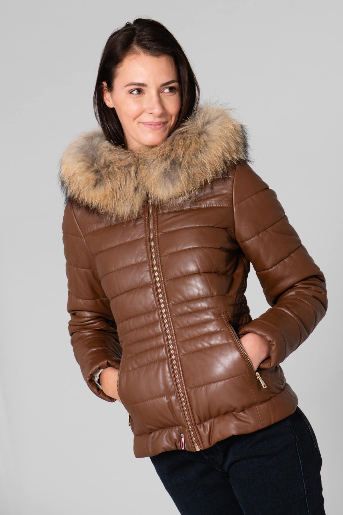 Genuine leather and fur down jacket - Image n°3