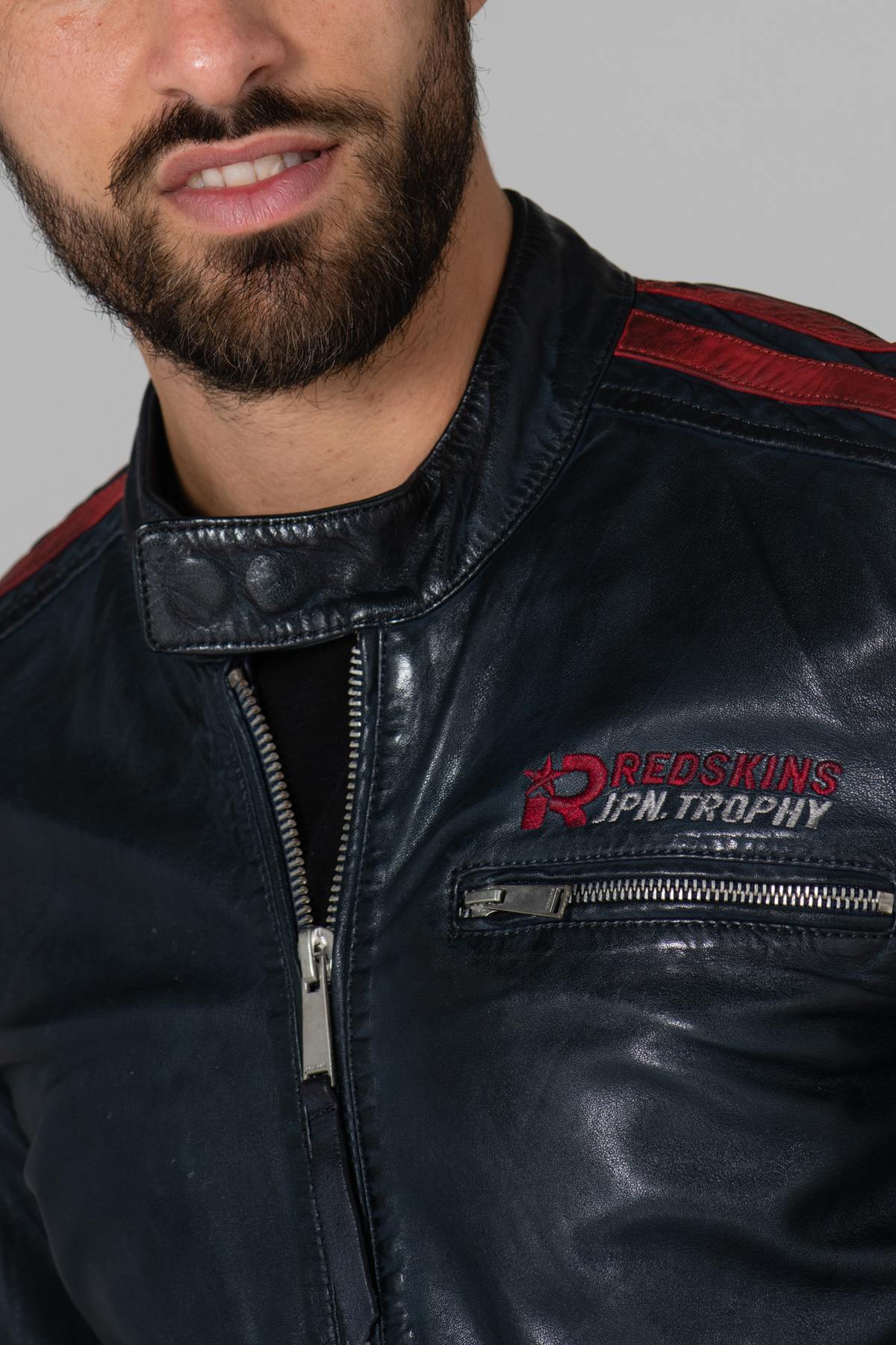 Blue biker-style leather jacket - Image n°7