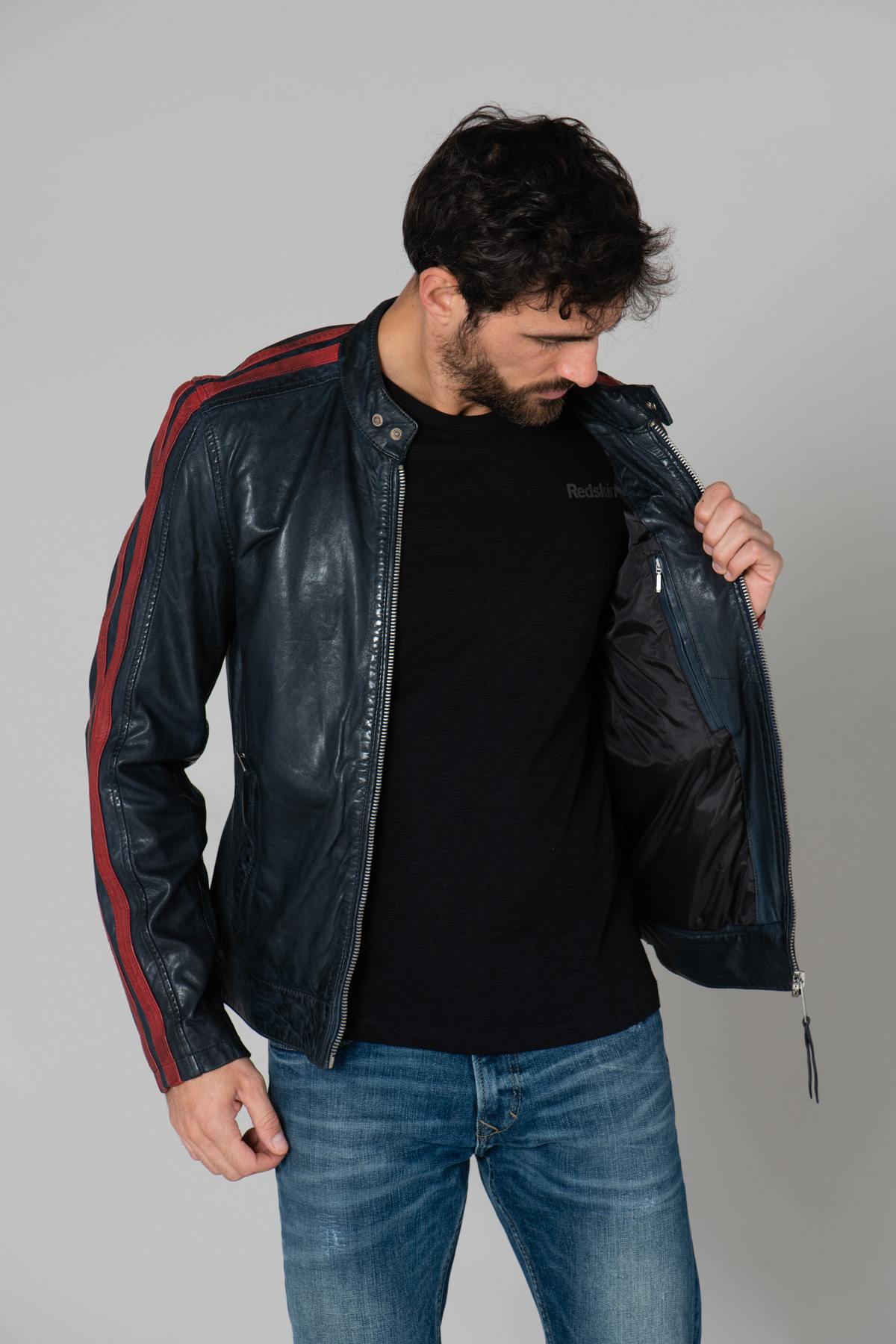 Blue biker-style leather jacket - Image n°4