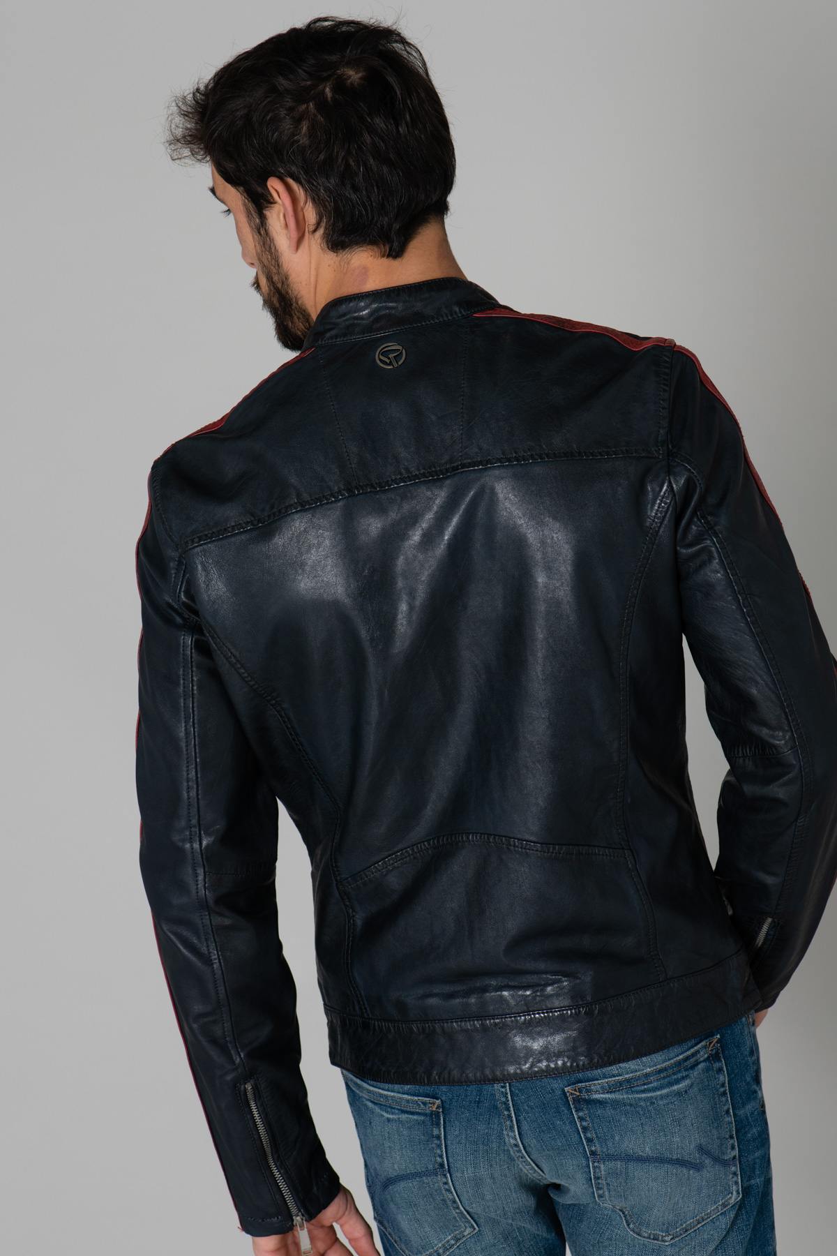 Blue biker-style leather jacket - Image n°6