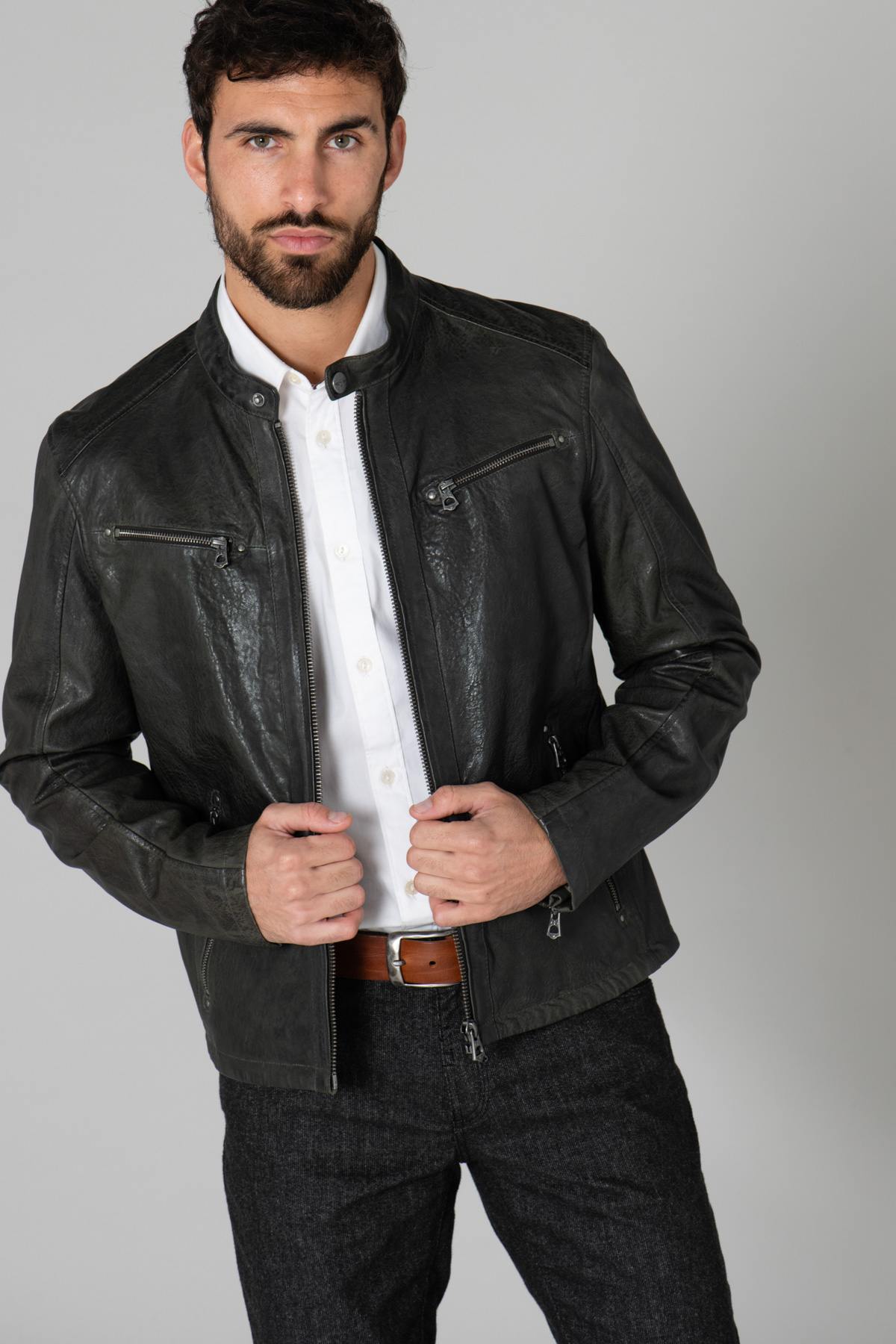 Dark green leather jacket - Image n°1