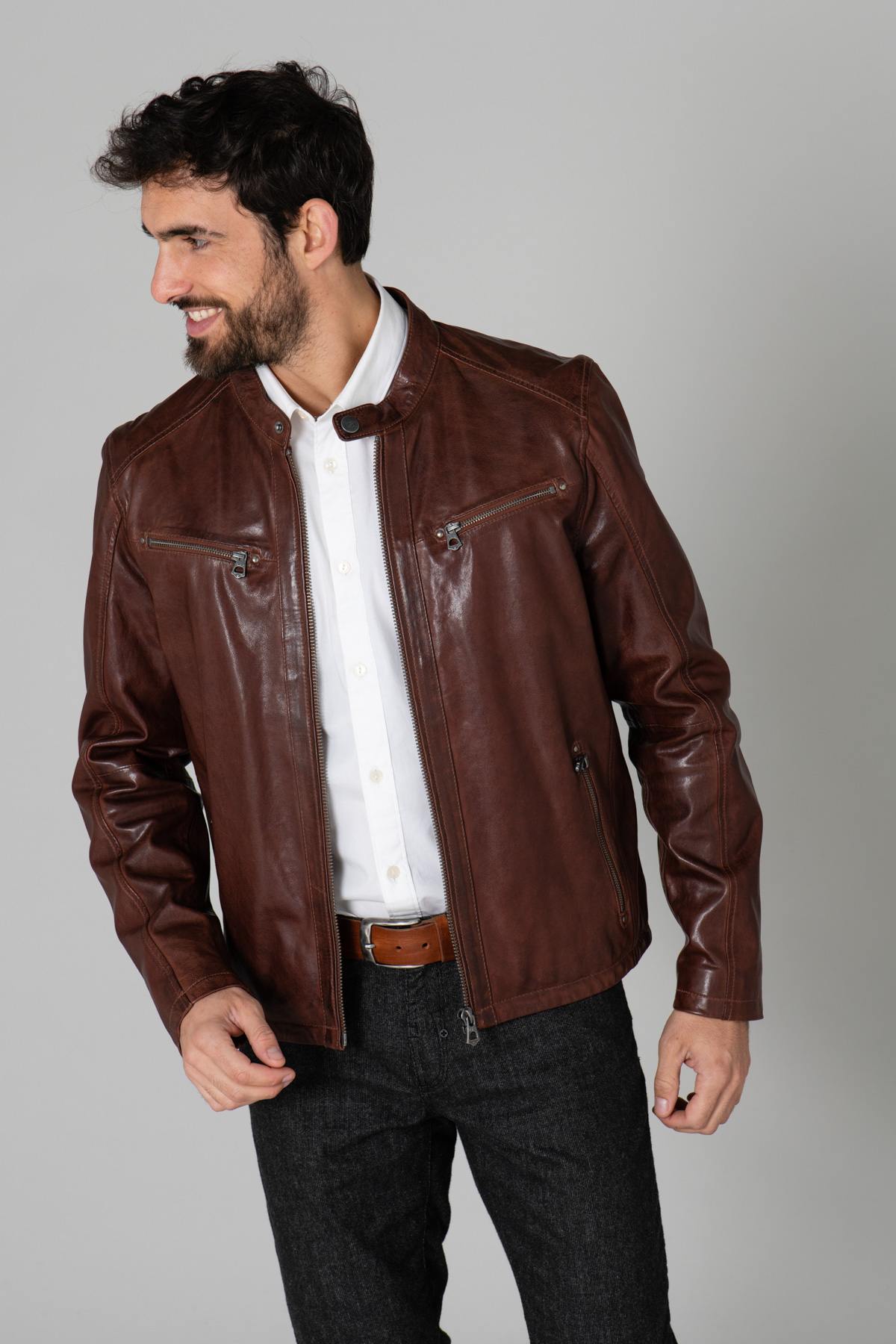 Brown biker collar jacket - Image n°1