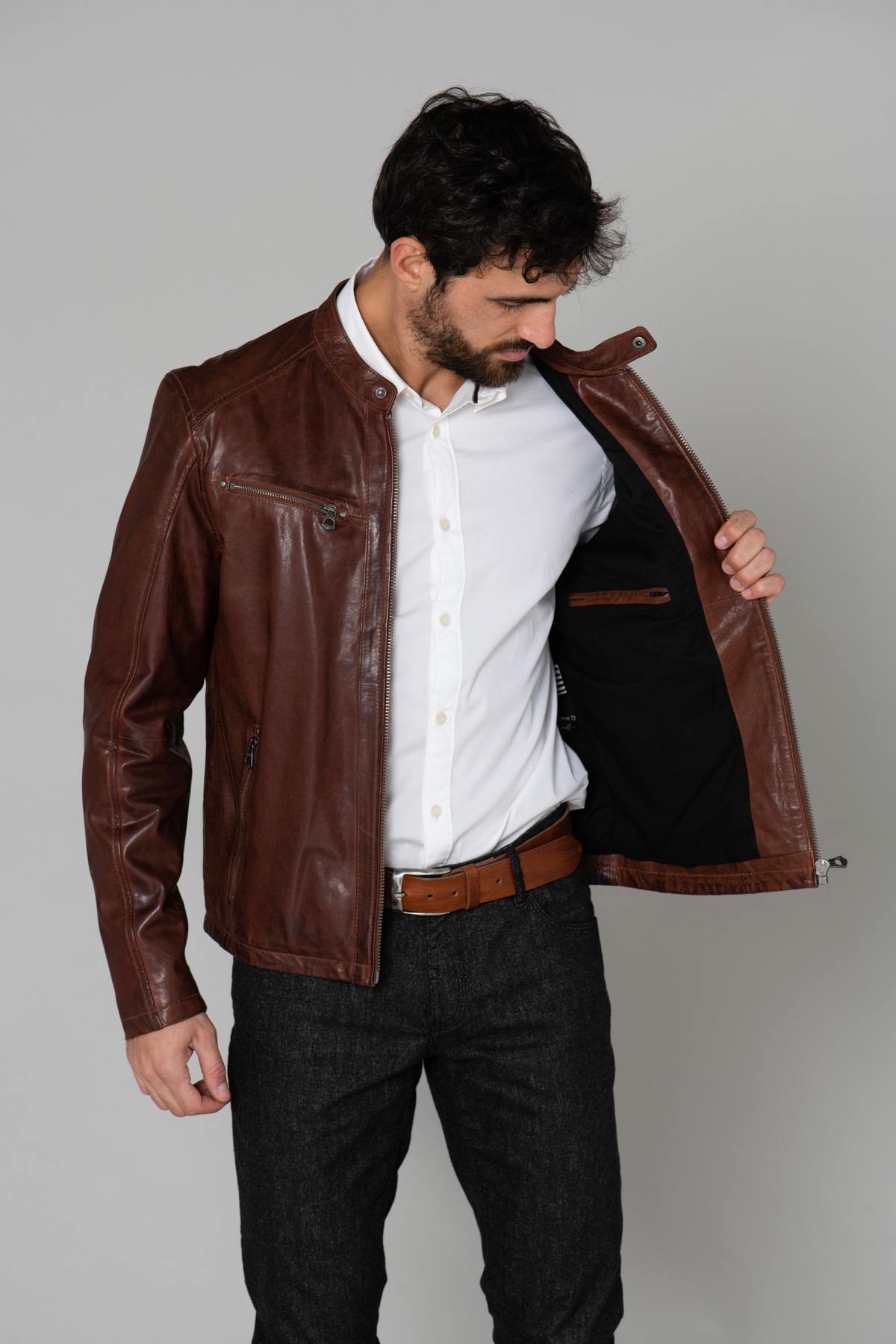 Brown biker collar jacket - Image n°4