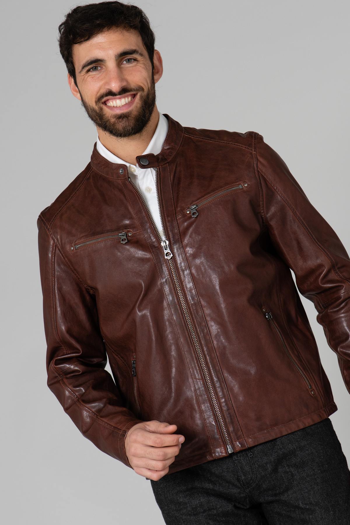 Brown biker collar jacket - Image n°6