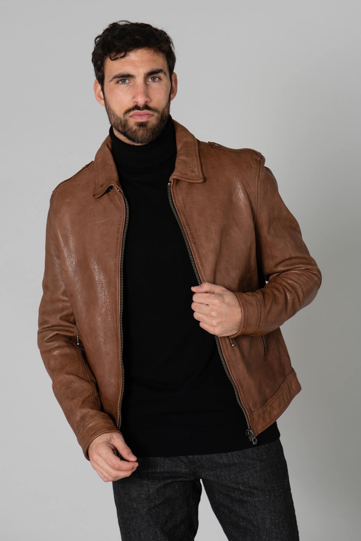 Genuine brown leather jacket - Image n°1