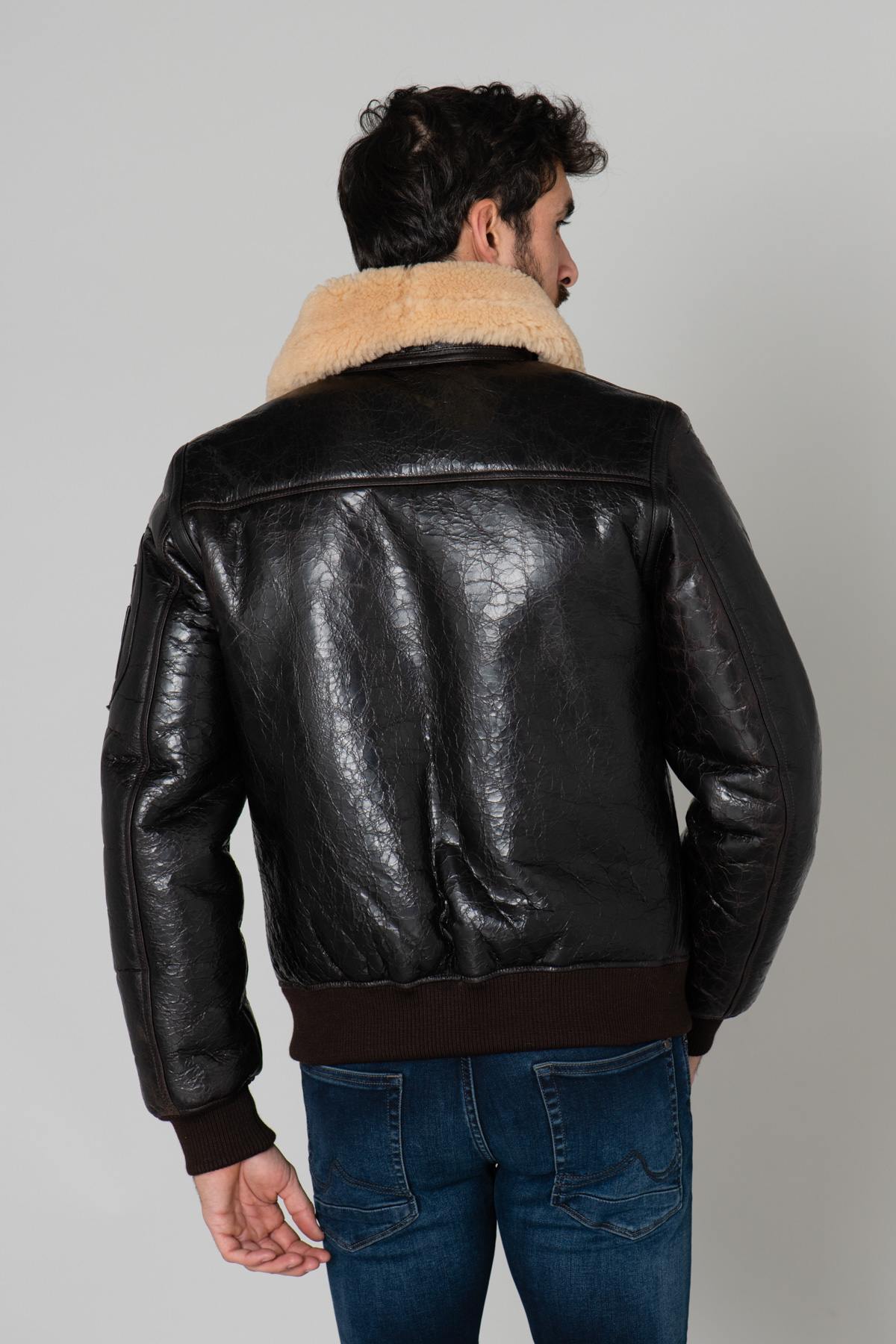 Vintage-effect leather bomber jacket - Image n°7