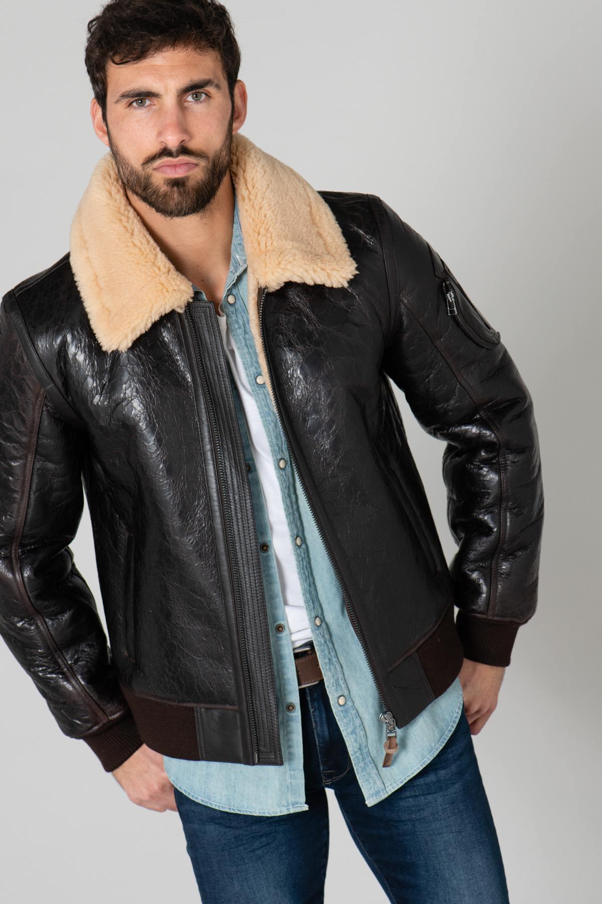 Vintage-effect leather bomber jacket - Image n°1