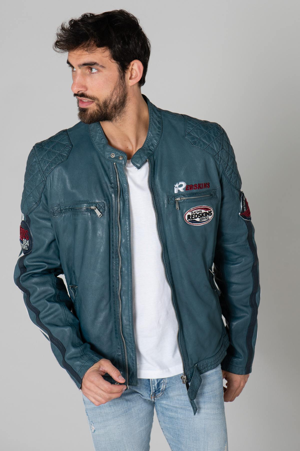 Turquoise blue Racing leather jacket - Image n°3