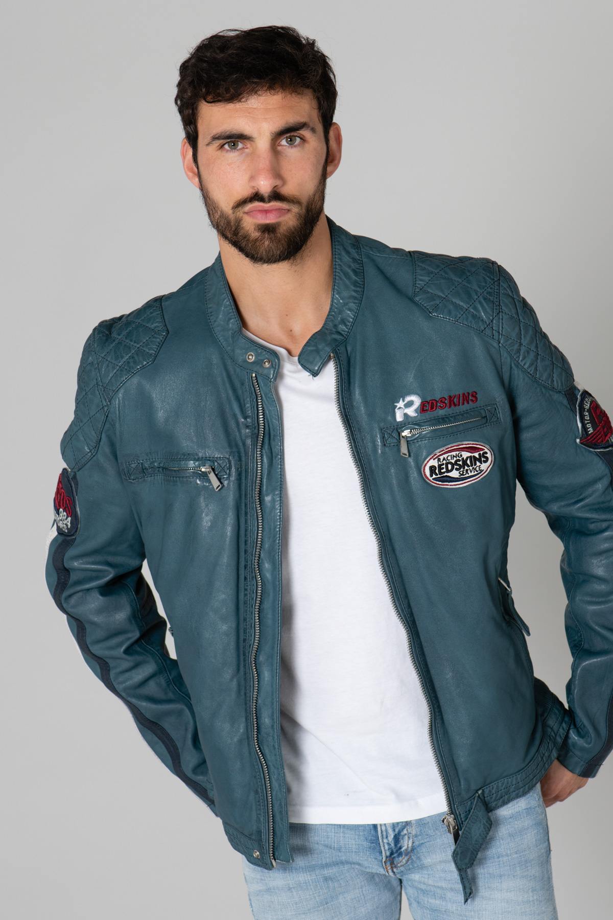 Turquoise blue Racing leather jacket - Image n°6