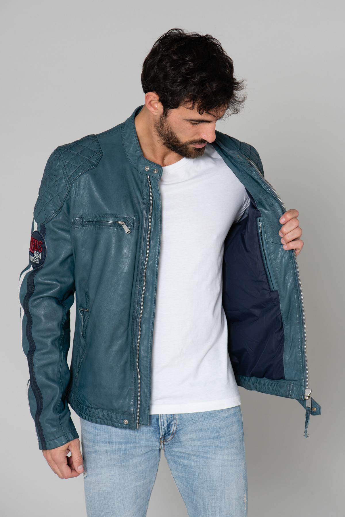 Turquoise blue Racing leather jacket - Image n°4