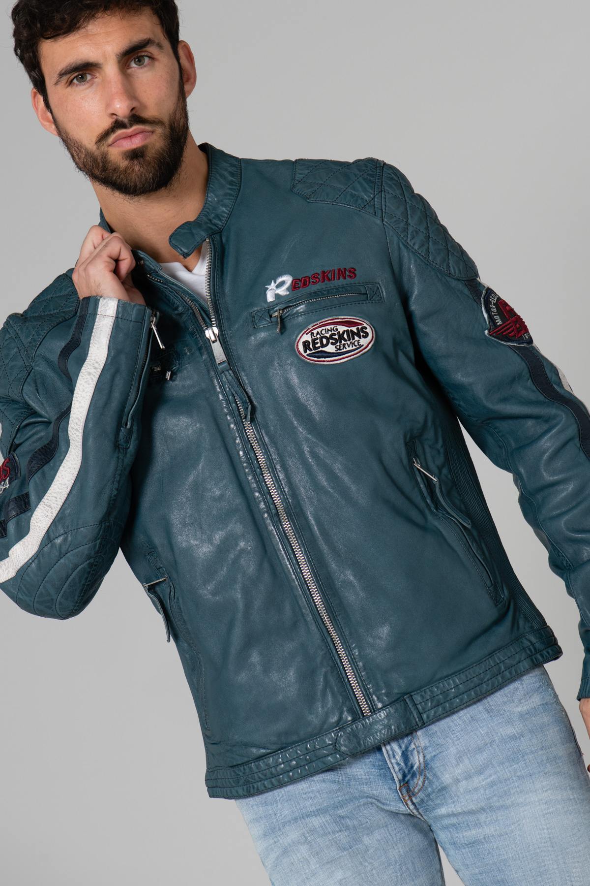 Turquoise blue Racing leather jacket - Image n°1