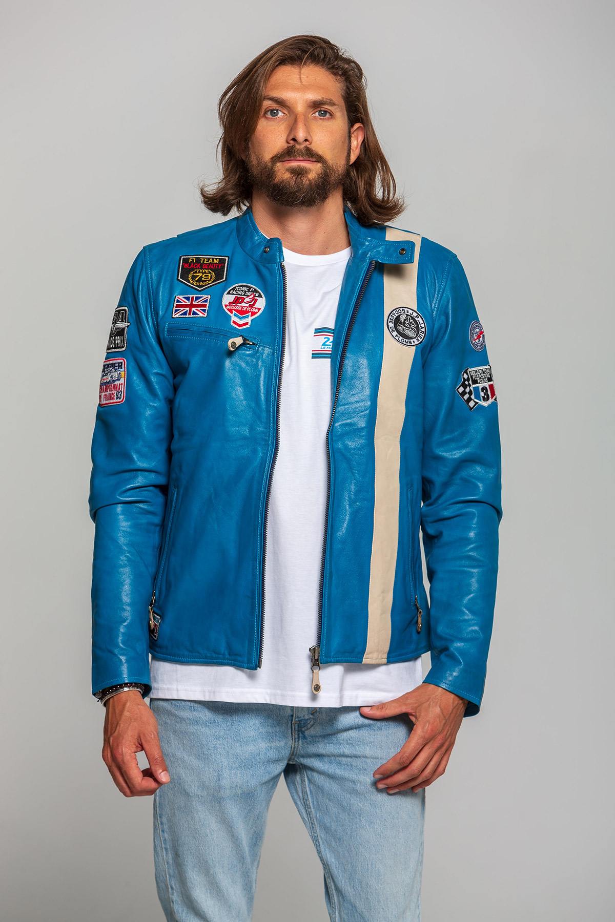 Vintage racing jacket in blue leather - Image n°1