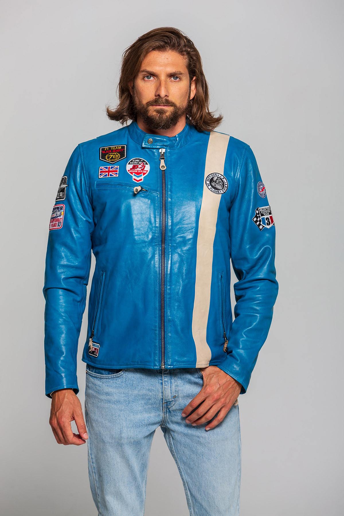 Vintage racing jacket in blue leather - Image n°3