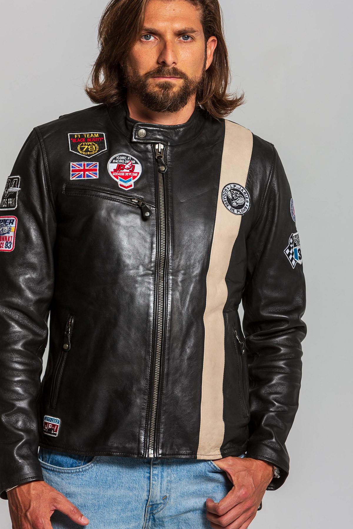 Black leather racer-style jacket - Image n°1