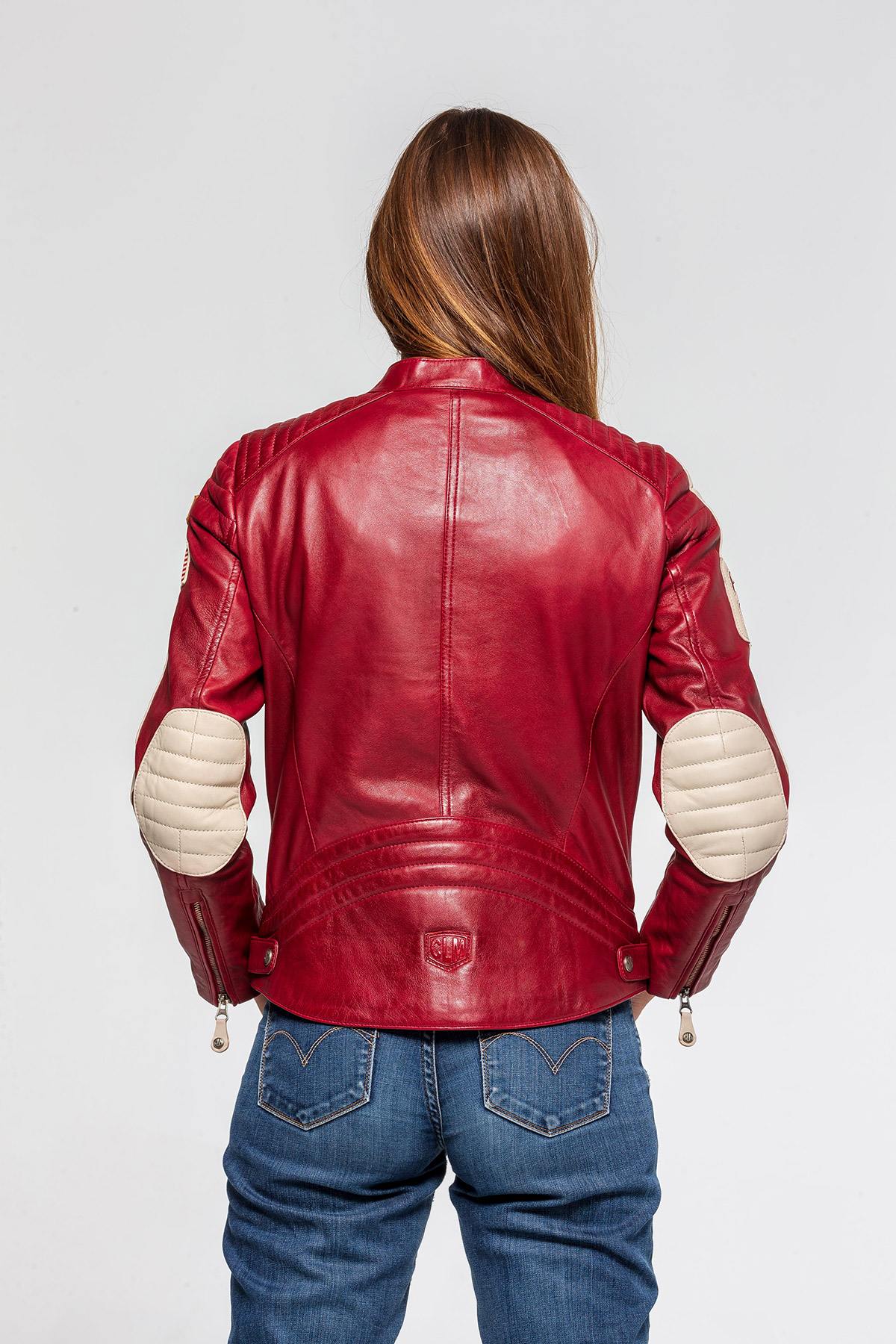 Red leather biker-style patch jacket - Image n°2