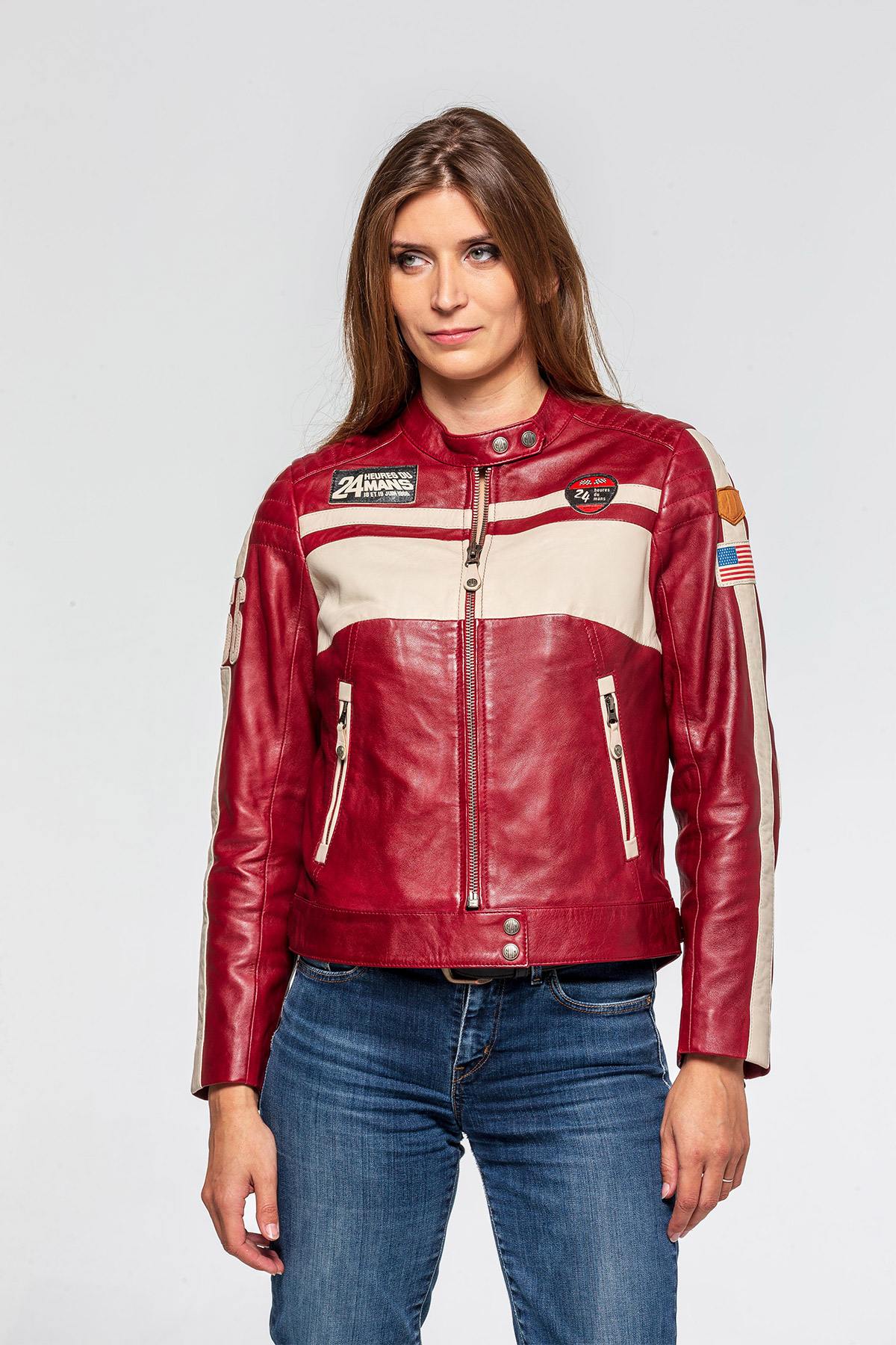 Red leather biker-style patch jacket - Image n°3