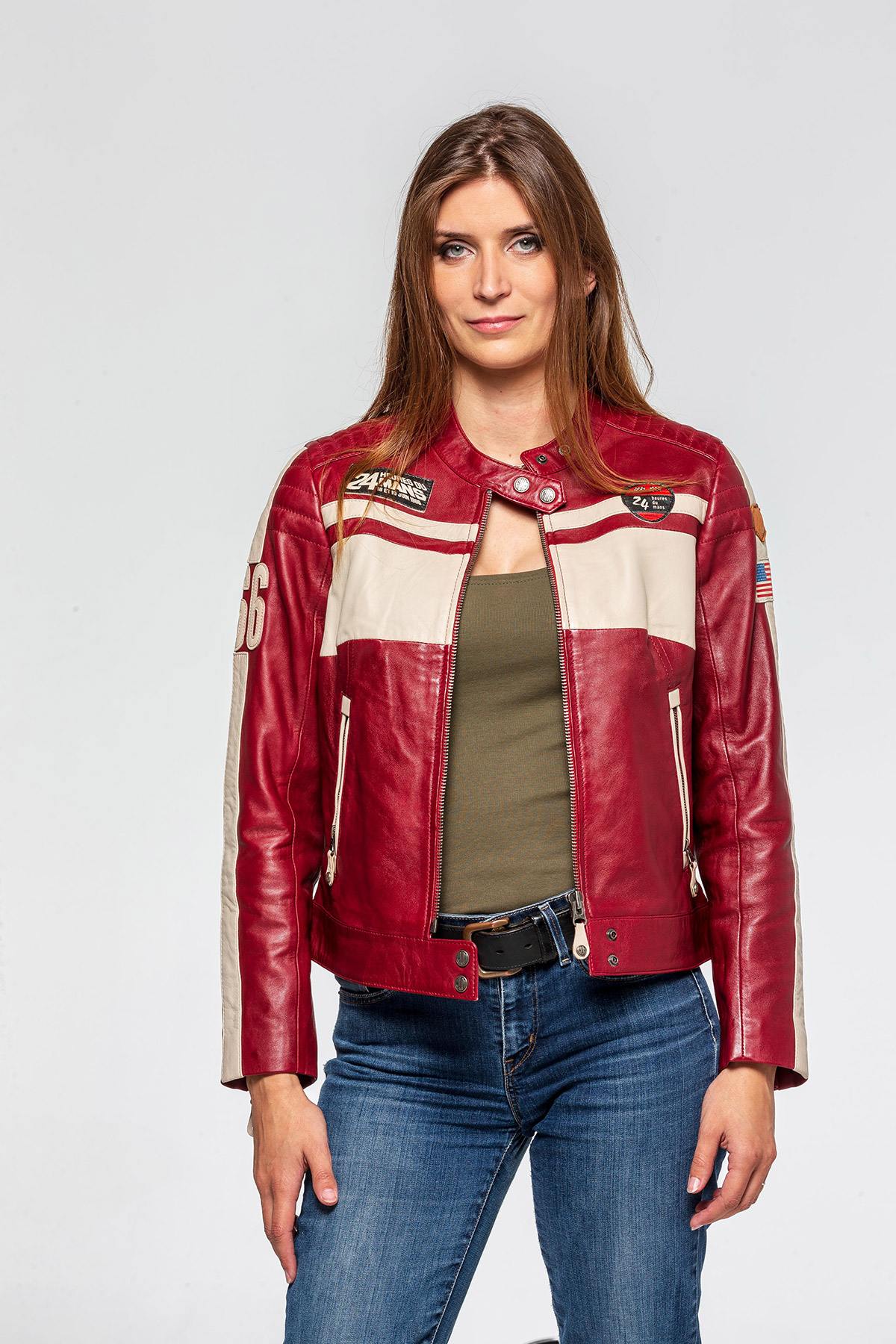 Red leather biker-style patch jacket - Image n°1