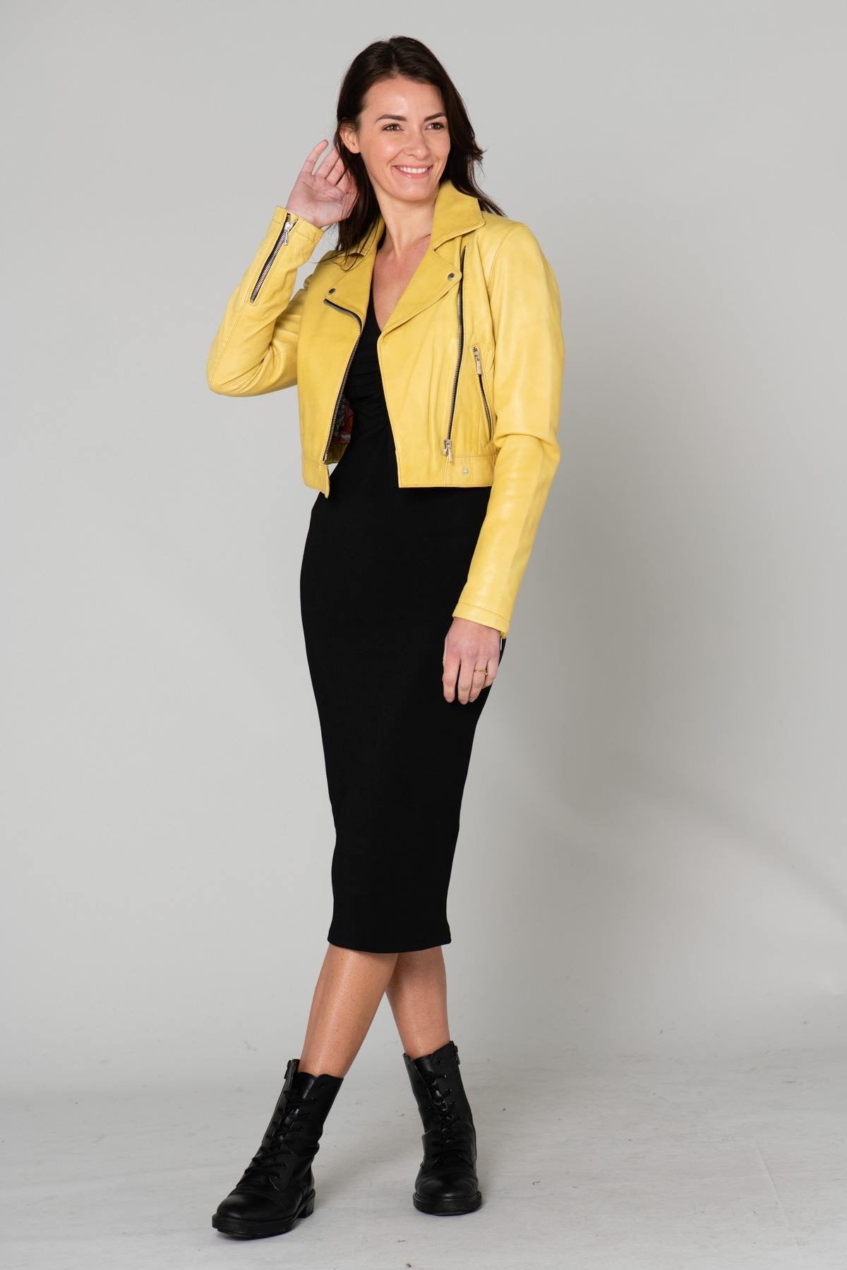 Pastel yellow leather Biker Jacket - Image n°2