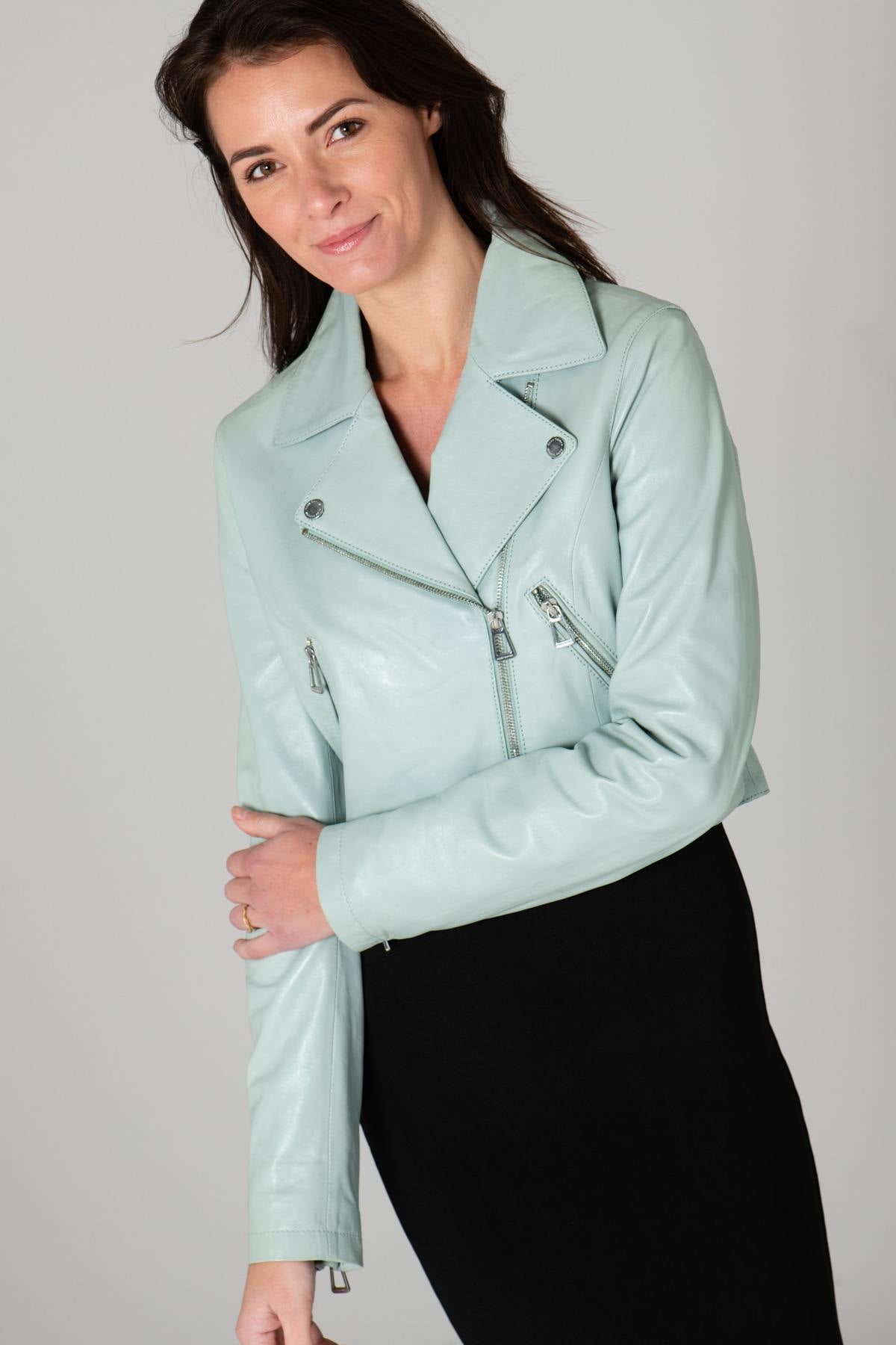 Women's pastel green leather Biker Jacket - Image n°6