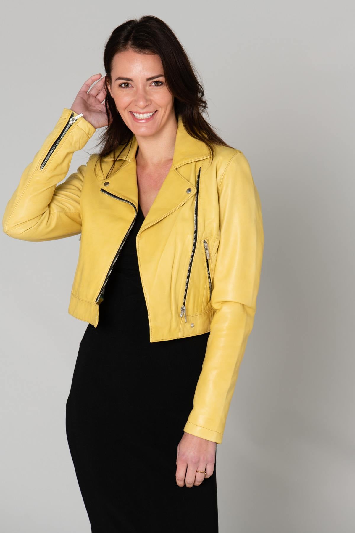 Pastel yellow leather Biker Jacket - Image n°3