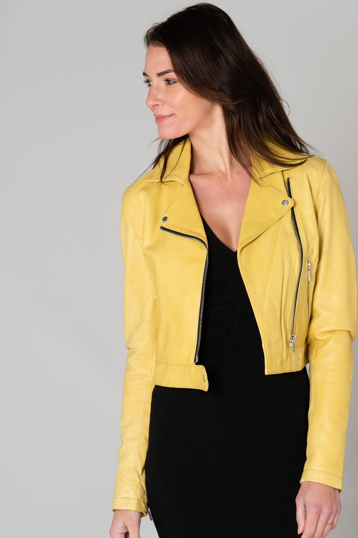 Pastel yellow leather Biker Jacket - Image n°1