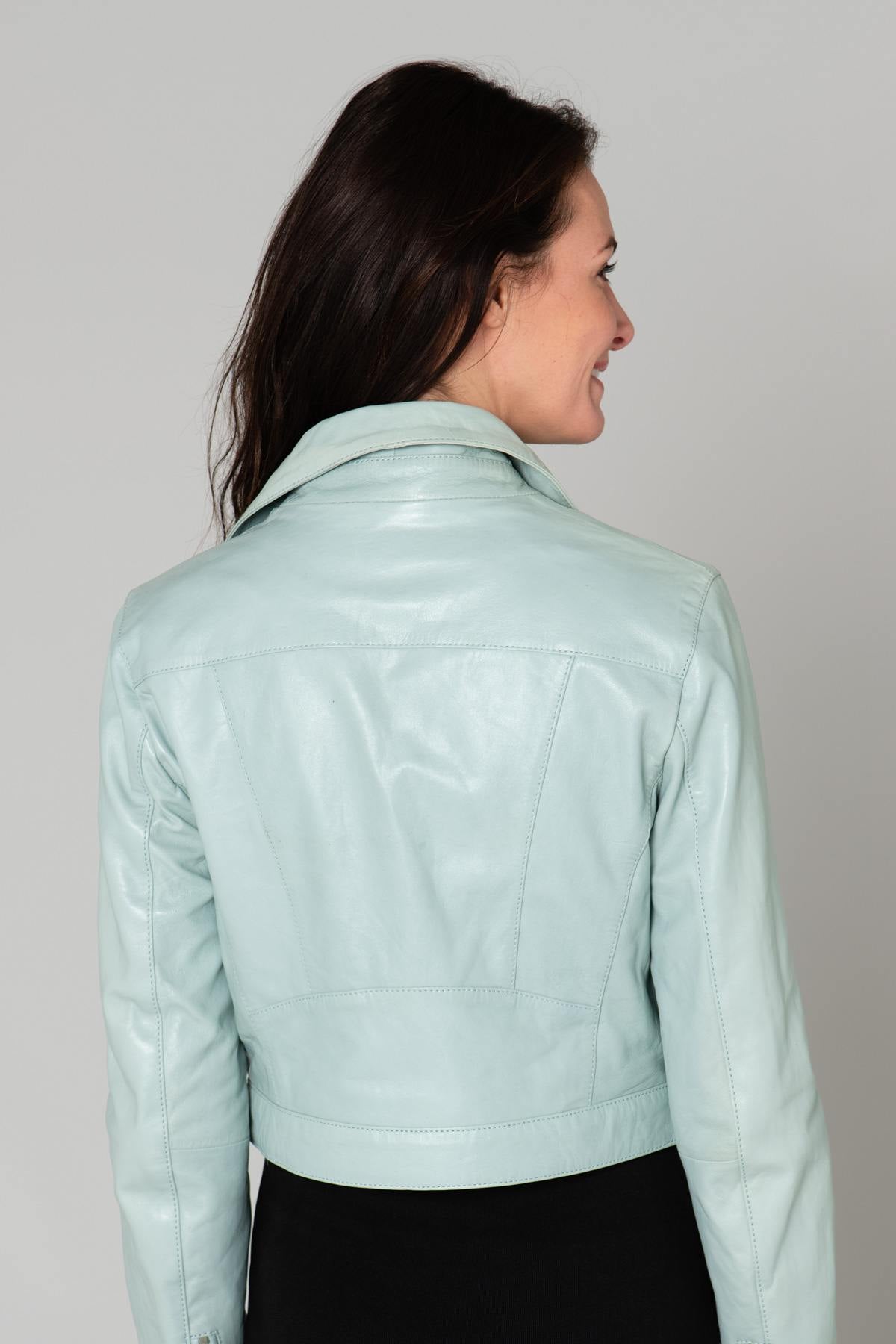 Women's pastel green leather Biker Jacket - Image n°5