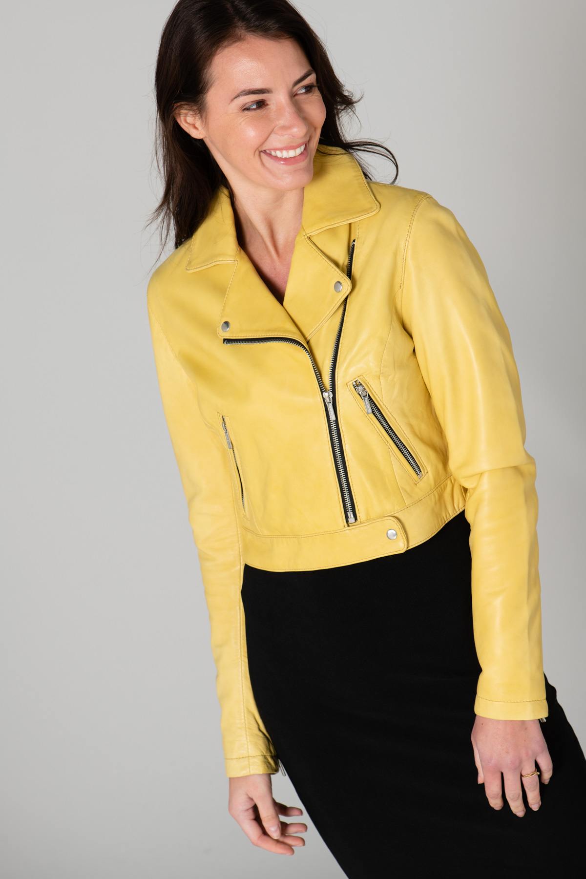 Pastel yellow leather Biker Jacket - Image n°4