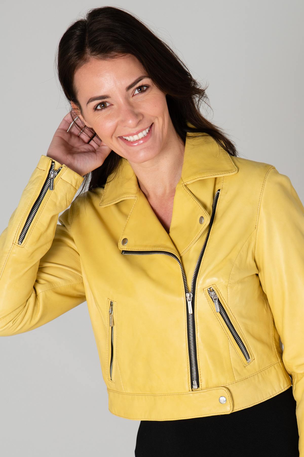 Pastel yellow leather Biker Jacket - Image n°5