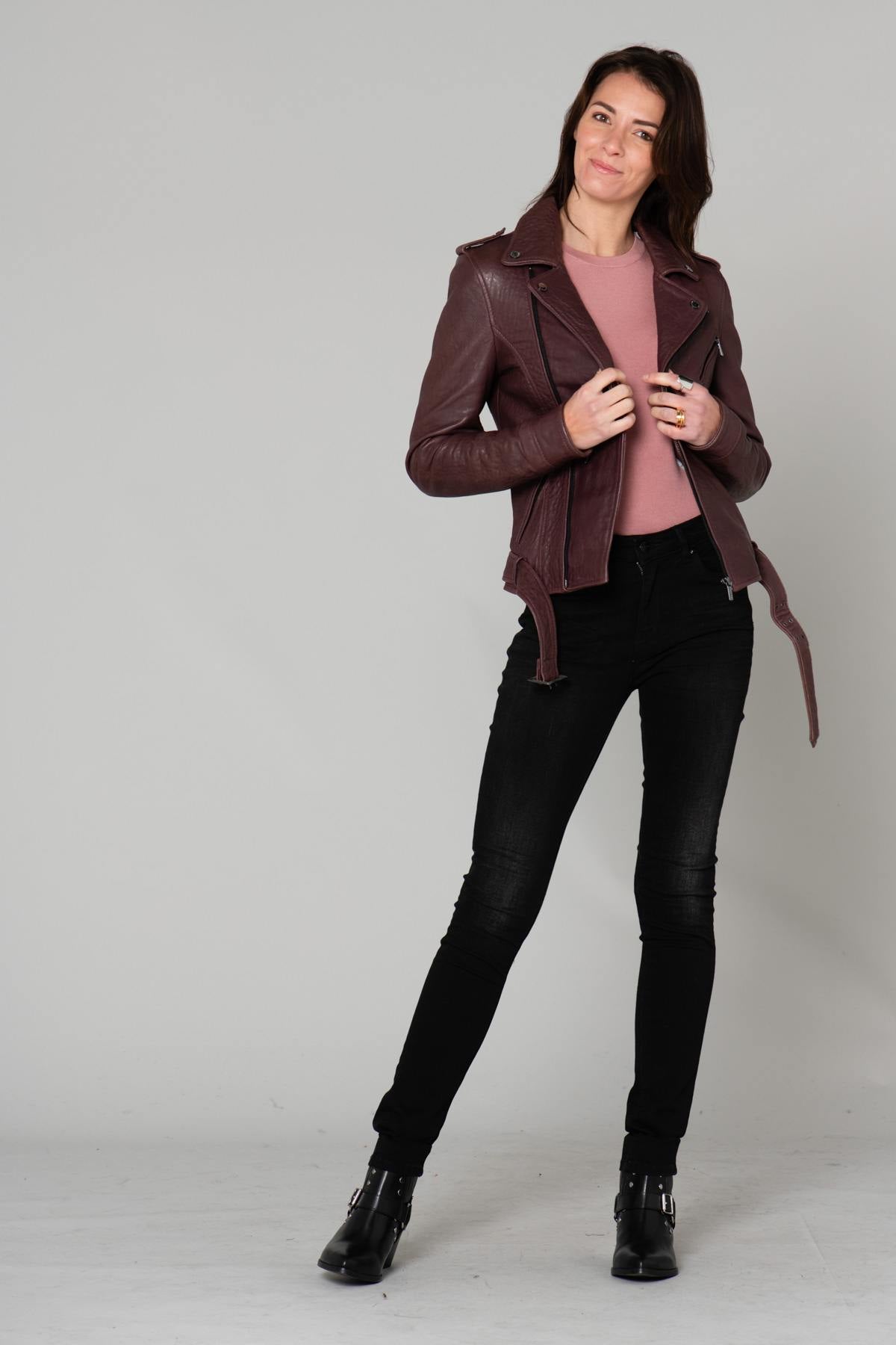 Fig-colored belted Biker Jacket - Image n°2